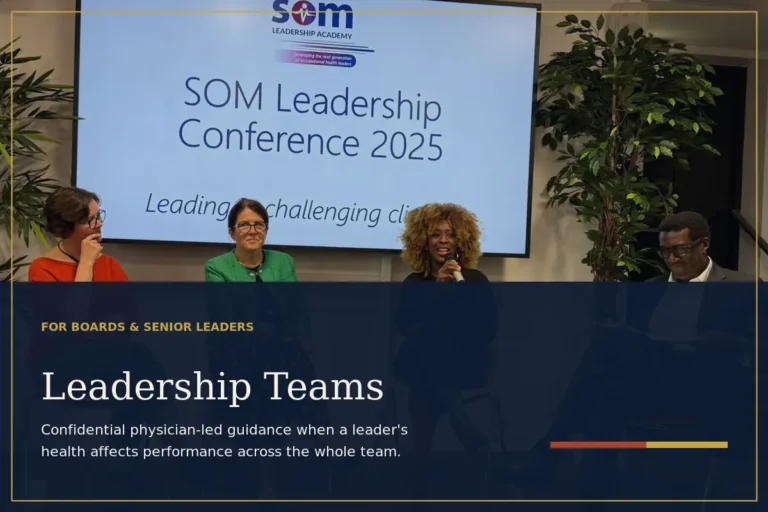 Leadership team discussing executive workplace health